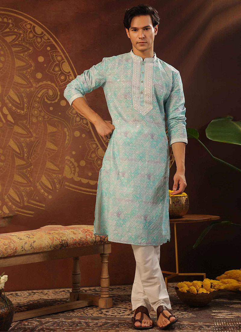 Sky Blue Silk Digital Print Embroidered Sequins Kurta Pyjama Festive Wear