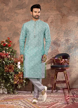 Sky Blue Silk Digital Printed Kurta Pyjama