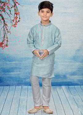Sky Blue Silk Dupion Printed Kids Kurta Pyjama