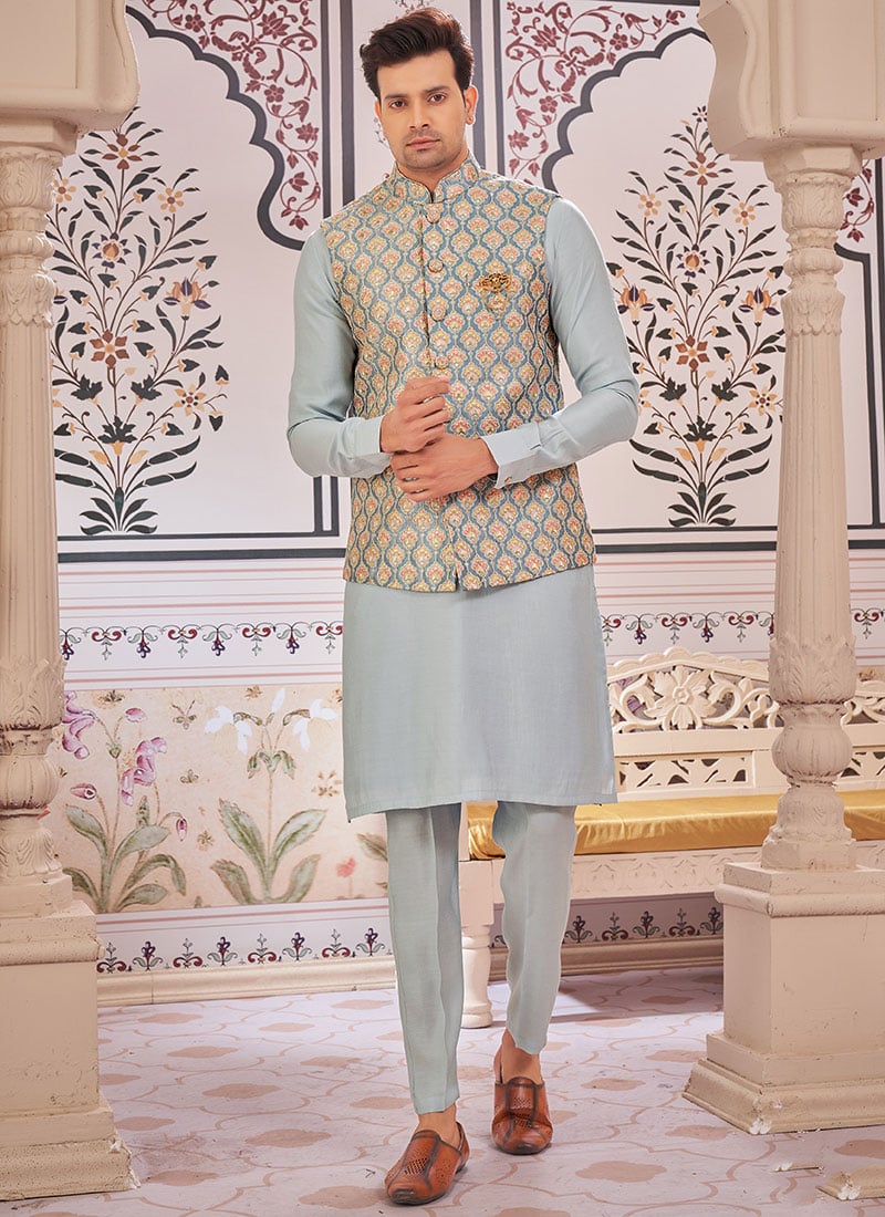 Sky Blue Silk Embroidered Bandi Set