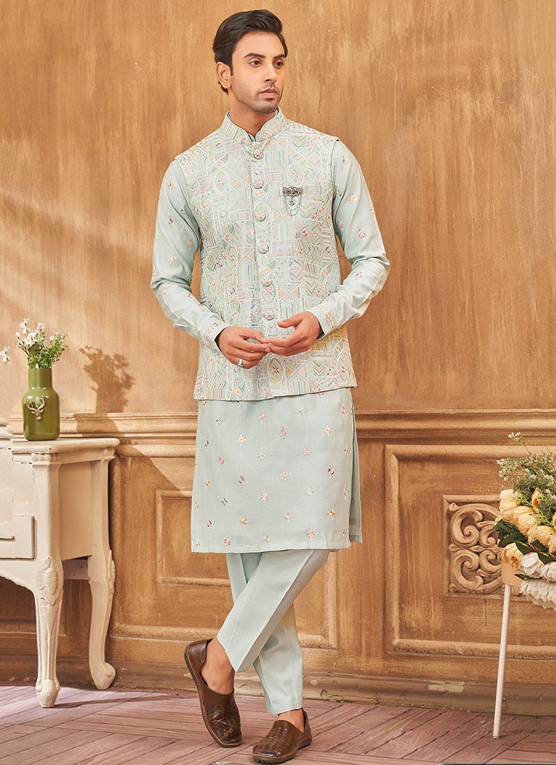 Sky Blue Silk Embroidered Bandi Set Festive Wear