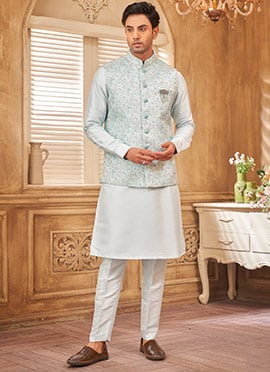 Sky Blue Silk Embroidered Bandi Set