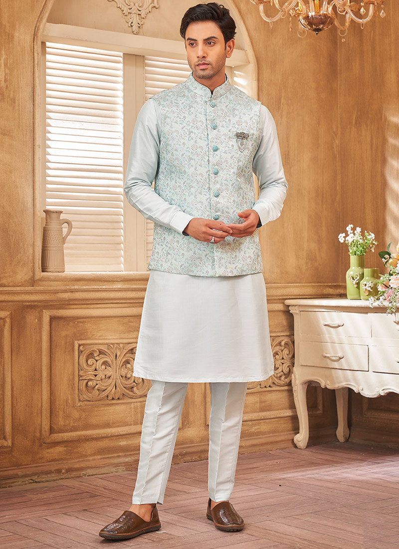 Sky Blue Silk Embroidered Bandi Set