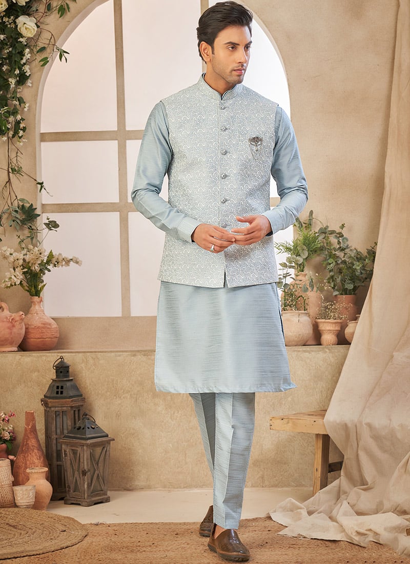 Sky Blue Silk Embroidered Bandi Set
