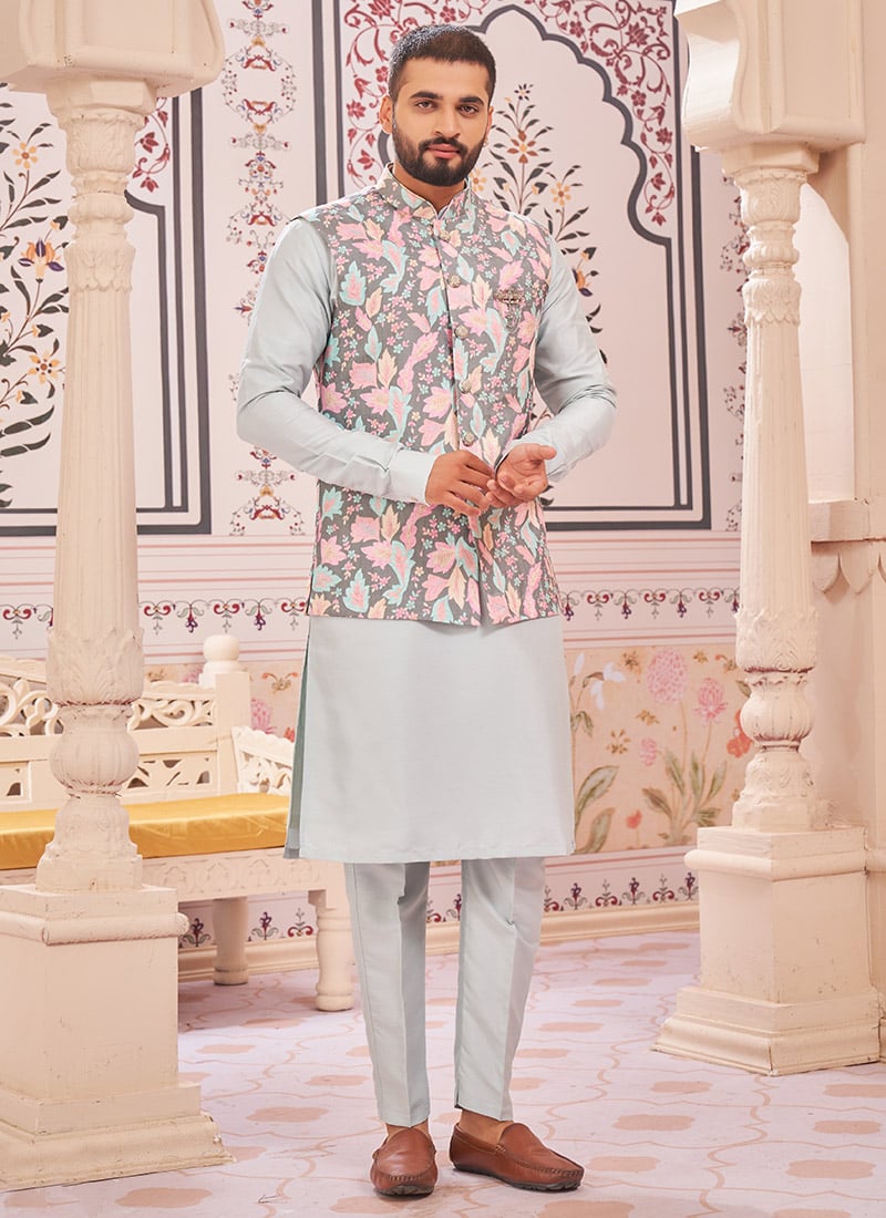Sky Blue Silk Embroidered Bandi Set