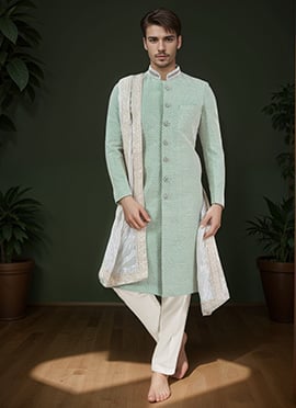 Sky Blue Silk Embroidered Classic Sherwani