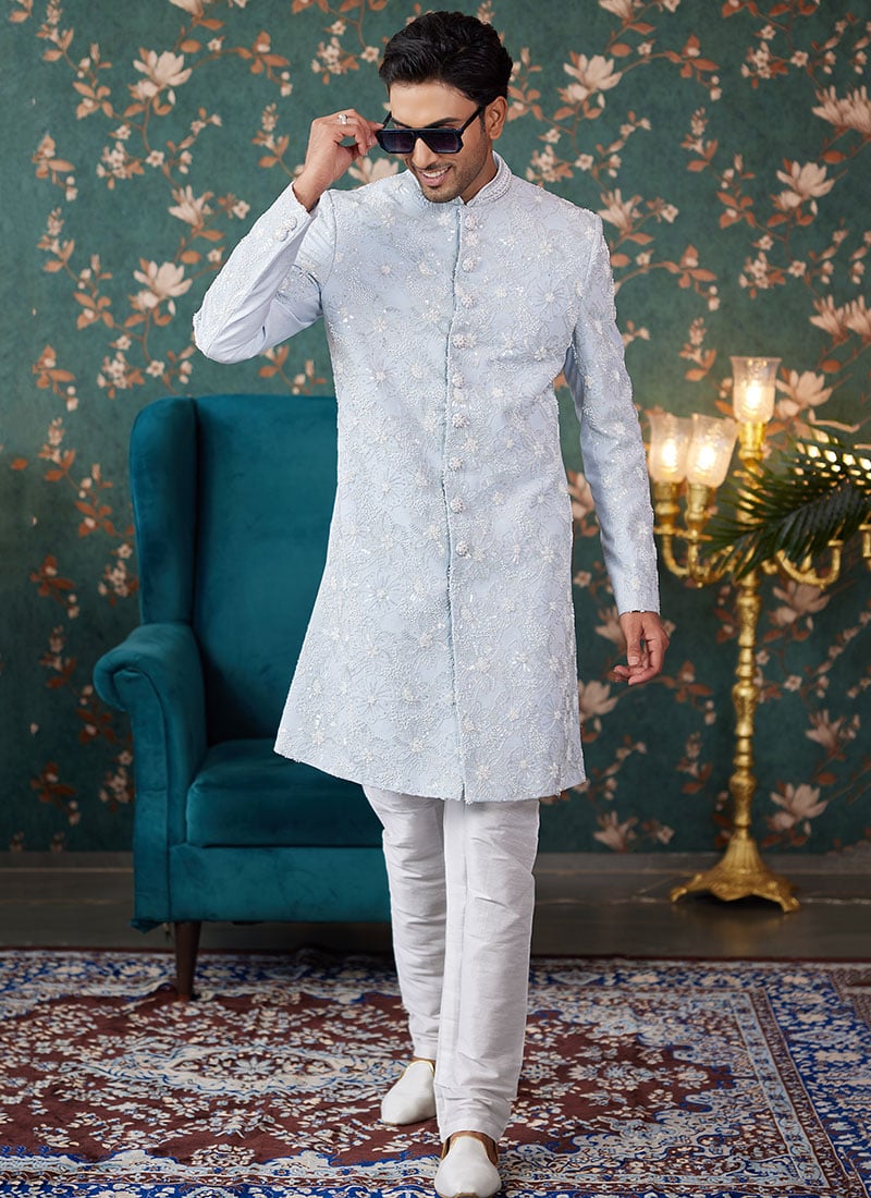 Sky Blue Silk Embroidered Hand Work Classic Sherwani