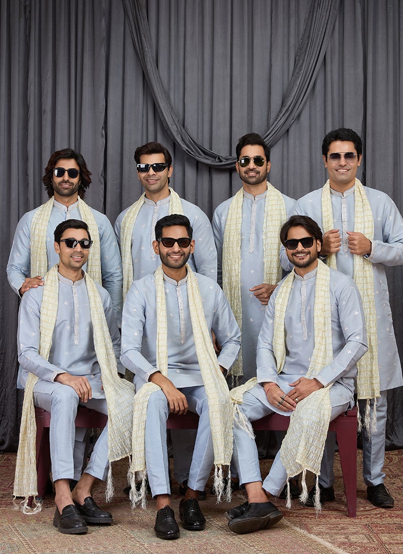 Sky Blue Silk Embroidered Kurta Pyjama Festive Wear