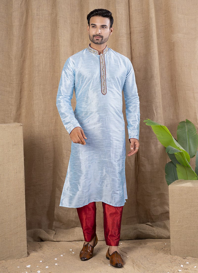 Sky Blue Silk Embroidered Kurta Pyjama