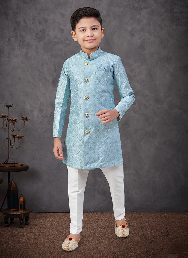 Sky Blue Silk Embroidered Sequins Boys Indowestern Sherwani Wedding Wear
