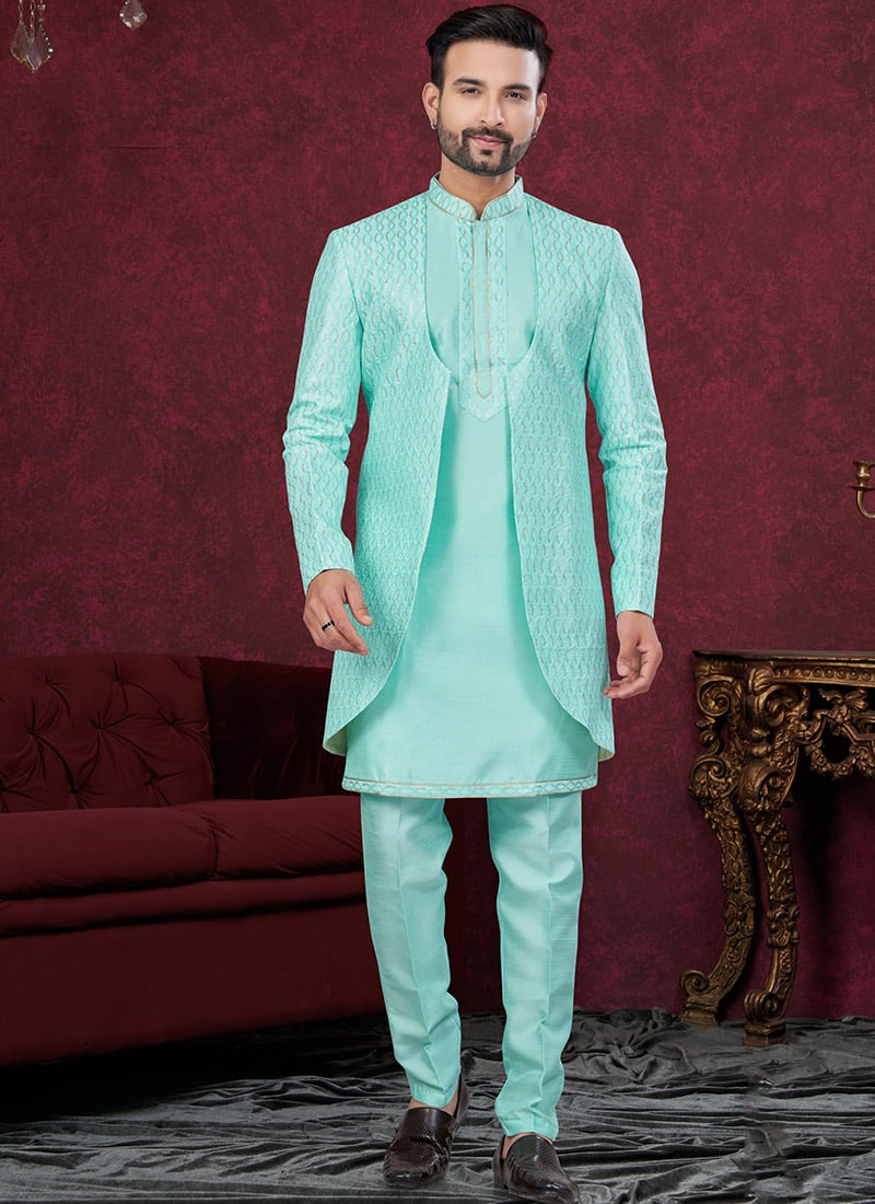 Sky Blue Silk Embroidered Sequins Indowestern Sherwani Wedding Wear