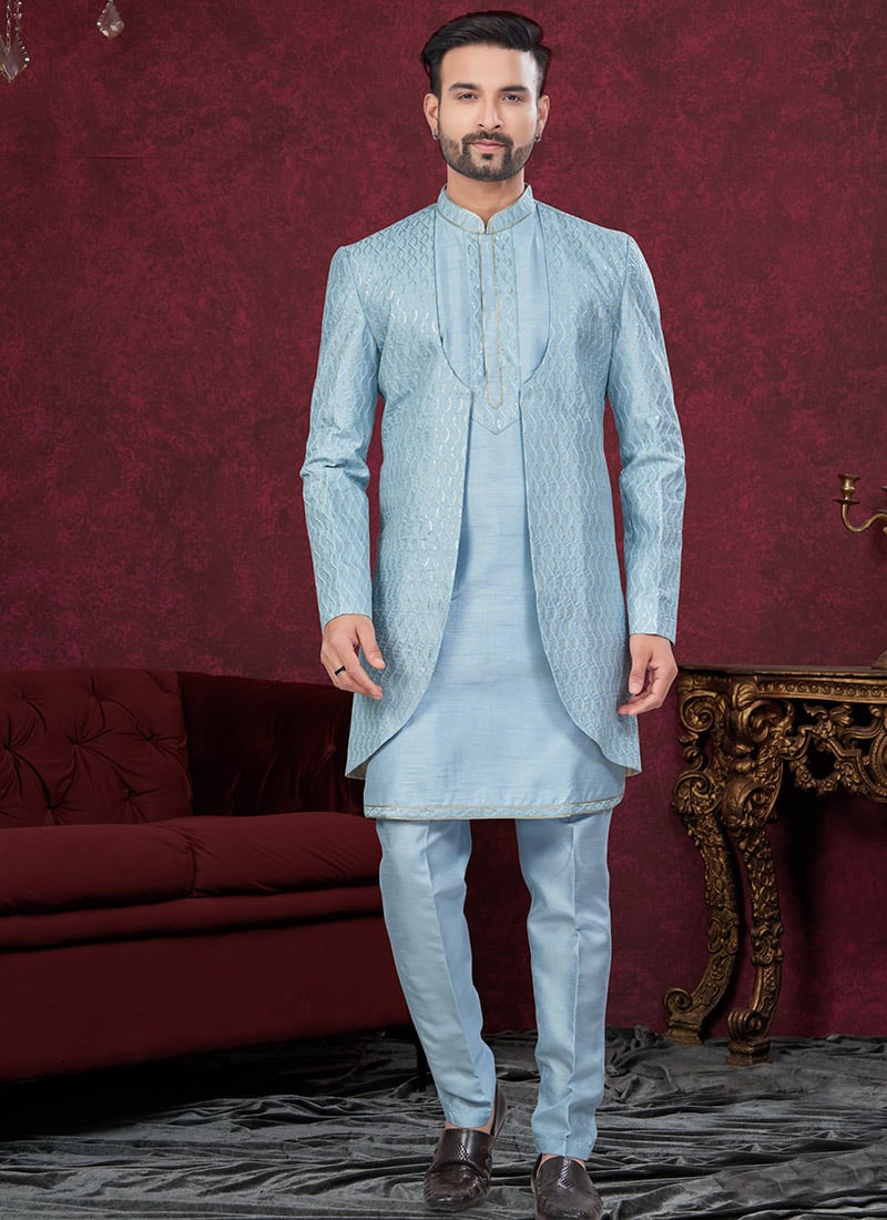 Sky Blue Silk Embroidered Sequins Indowestern Sherwani Wedding Wear