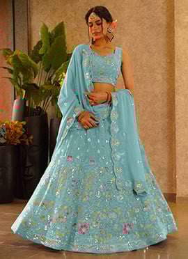 Sky Blue Silk Embroidered Sequins Lehenga