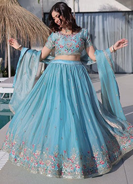 Sky Blue Silk Embroidered Sequins Lehenga