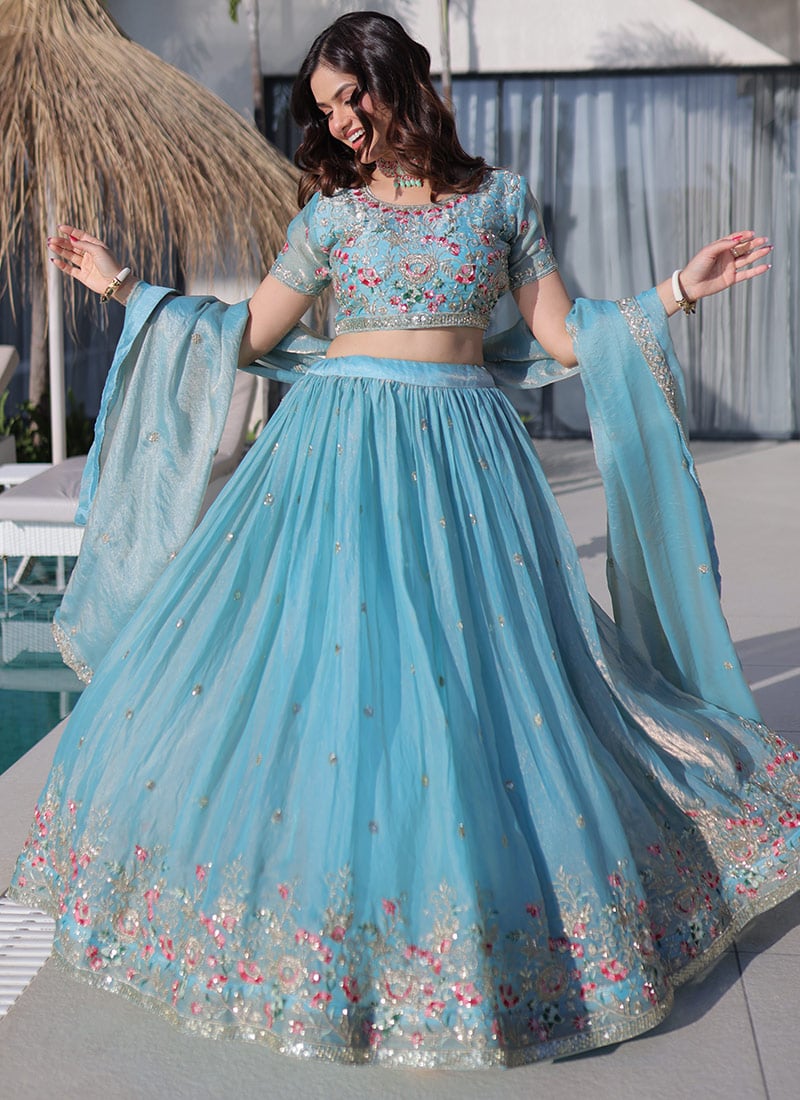 Sky Blue Silk Embroidered Sequins Lehenga After Six Wear