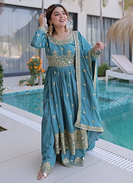 Sky Blue Silk Embroidered Sequins Palazzo Suit