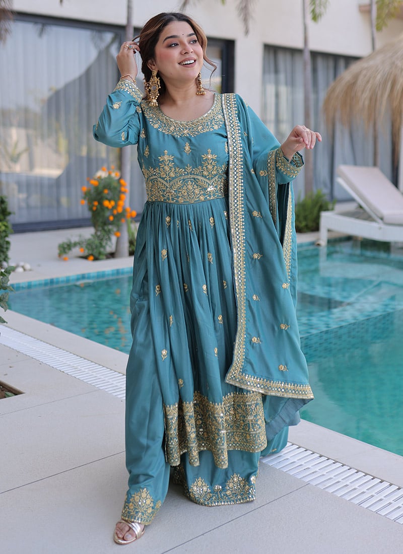 Sky Blue Silk Embroidered Sequins Palazzo Suit Festive Wear