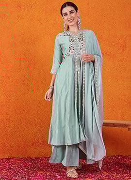 Sky Blue Silk Embroidered Sequins Palazzo Suit