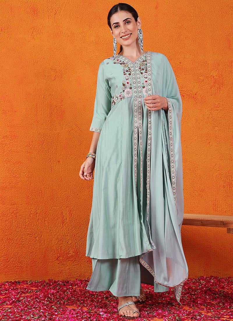 Sky Blue Silk Embroidered Sequins Palazzo Suit Festive Wear