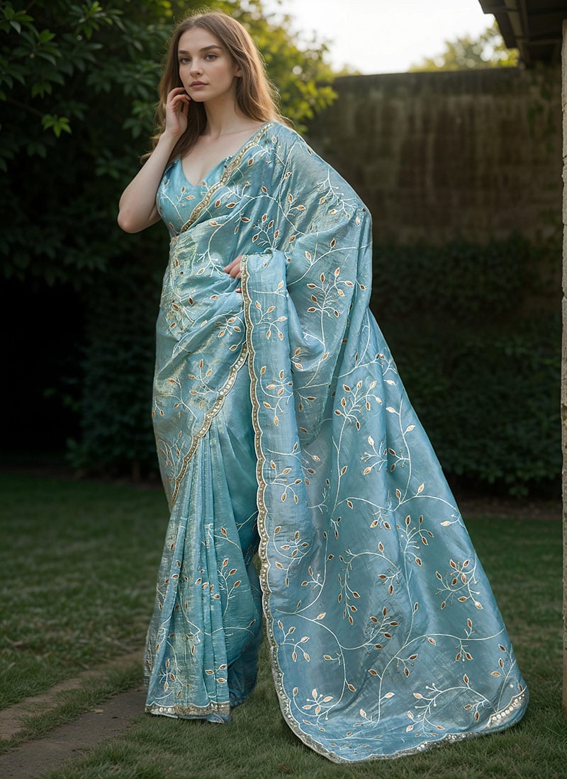 Sky Blue Silk Embroidered Sequins Saree Festive Wear
