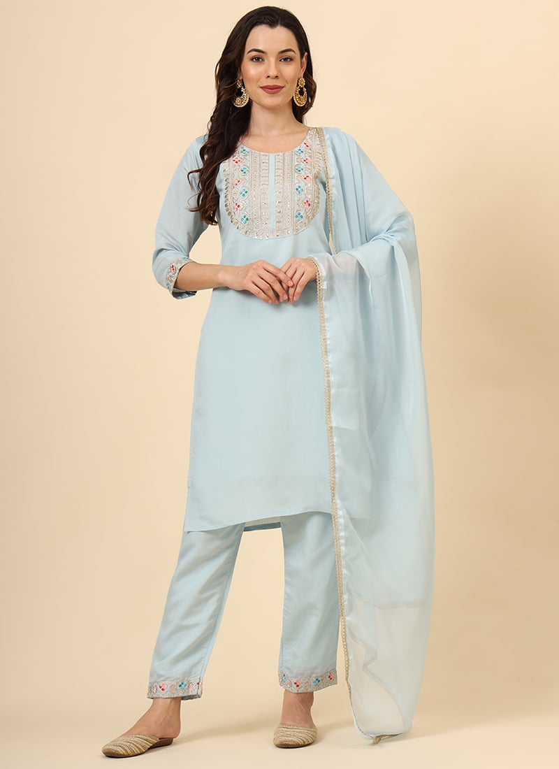 Sky Blue Silk Embroidered Sequins Straight Pant Suit After Six Wear
