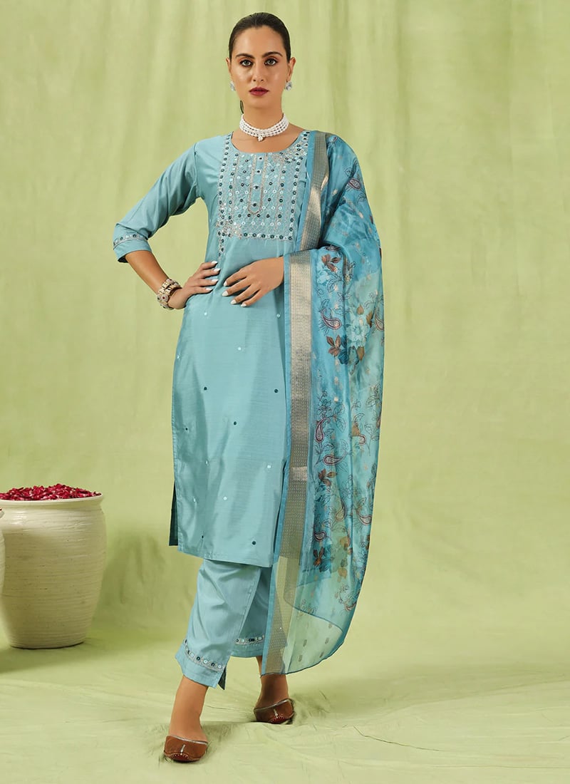Sky Blue Silk Embroidered Sequins Straight Pant Suit With Digital Print Dupatta