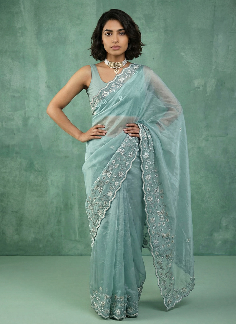 Sky Blue Silk Floral Embroidered Saree After Six Wear