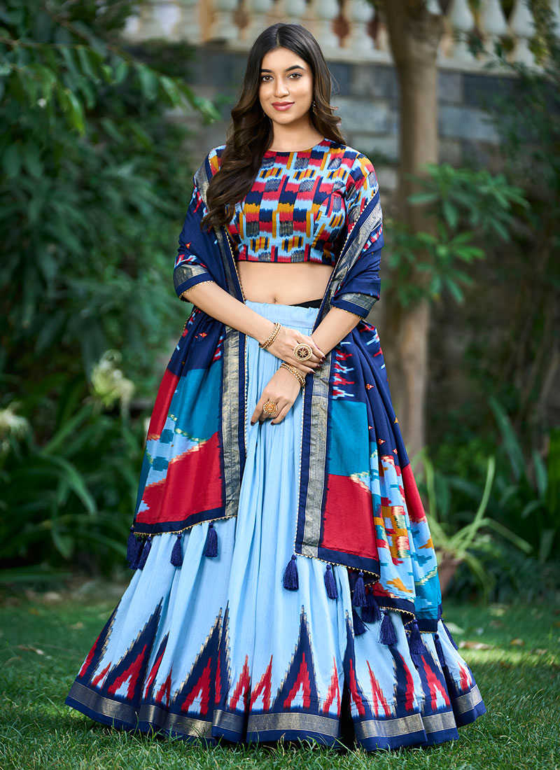 Sky Blue Silk Foil Print Classic Lehenga Choli With Dupatta For Indian Women Festive Wear-GHSPRT23768