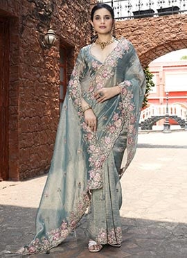 Sky Blue Silk Hand Embroidered Stone And Beads Work Saree