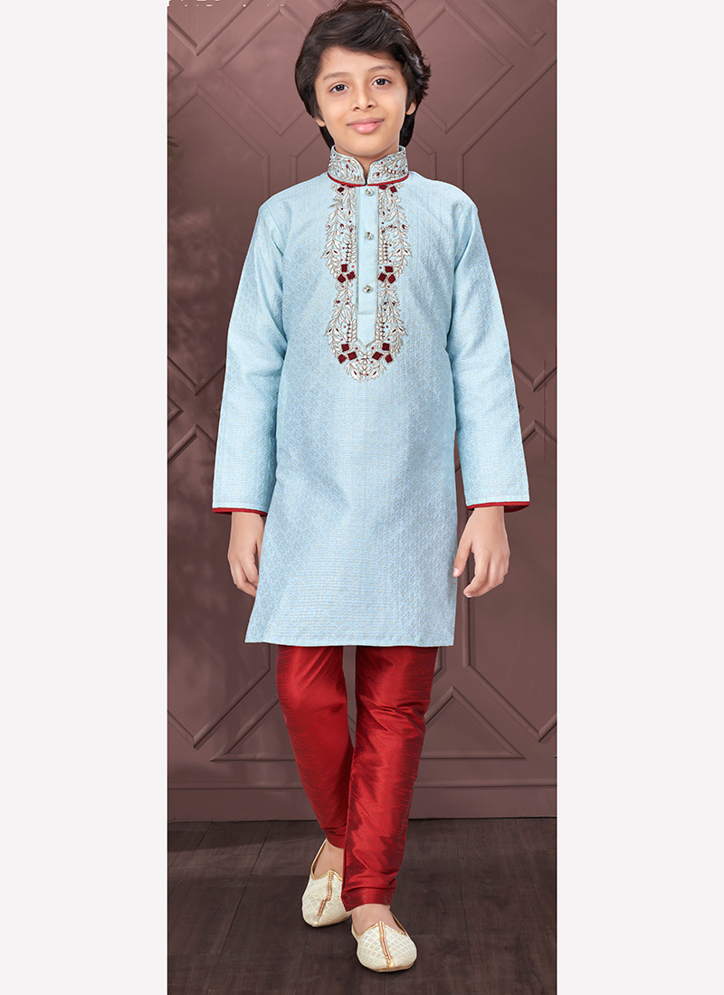 Sky Blue Silk Jacquard Kids Boys Kurta Pyjama Festive Wear