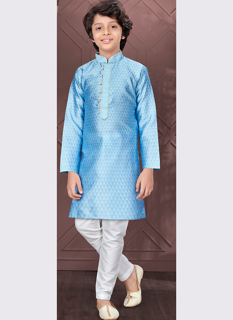 Sky Blue Silk Jacquard Kids Boys Kurta Pyjama Festive Wear