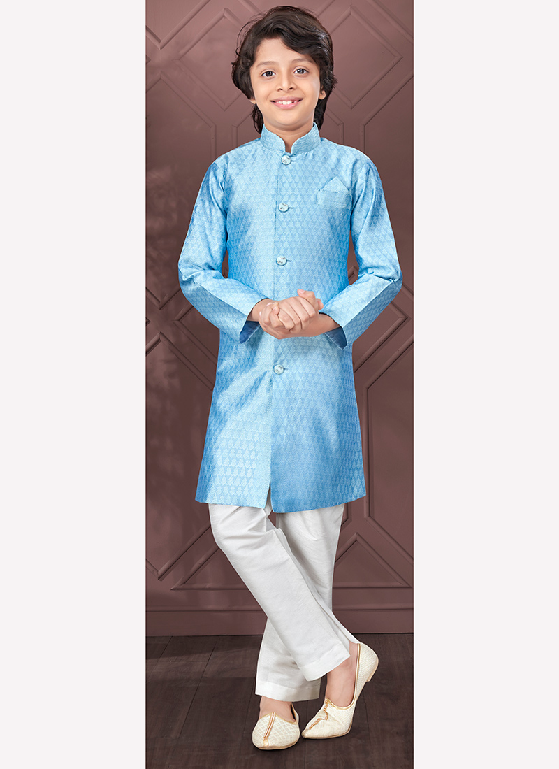 Sky Blue Silk Jacquard Kurta Pyjama For Young Kids Boys Party Wear