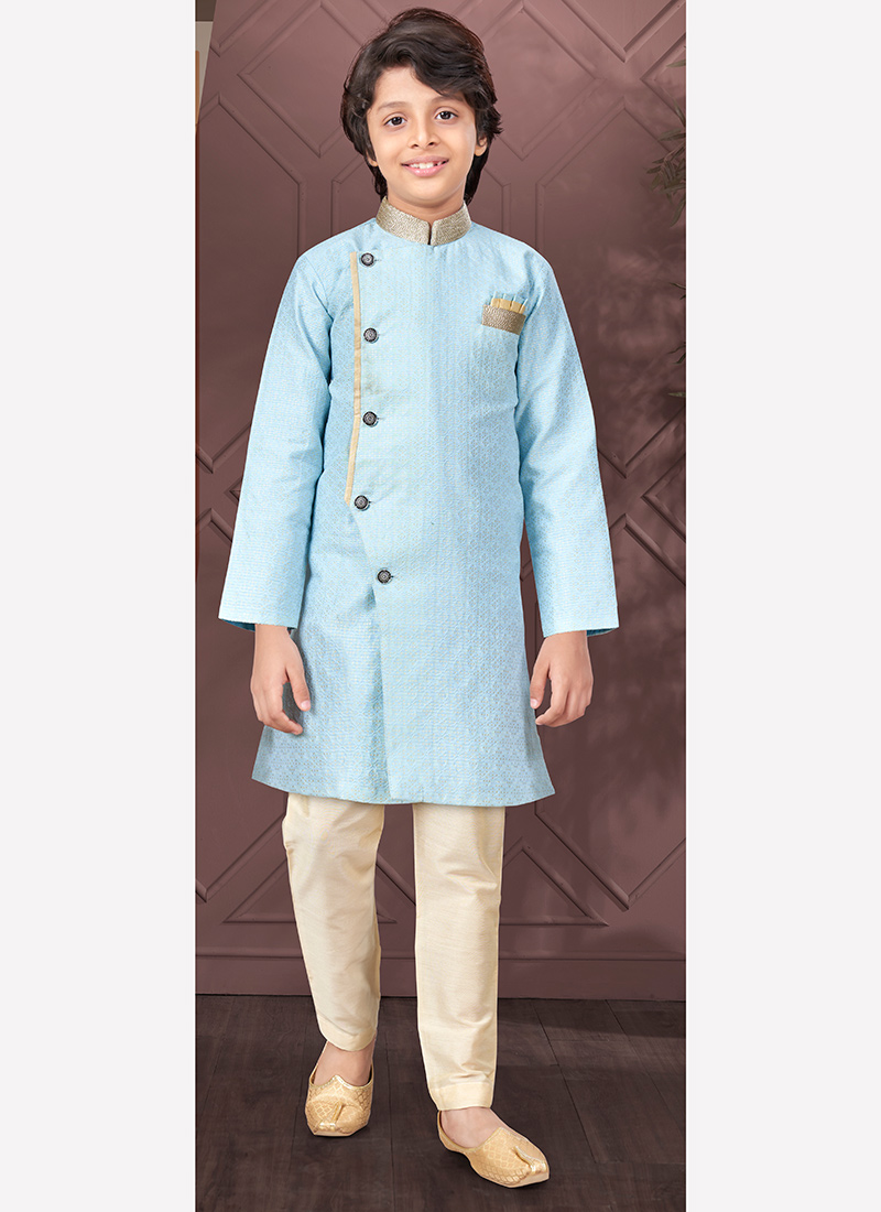 Sky Blue Silk Jacquard Kurta Pyjama For Young Kids Boys Party Wear