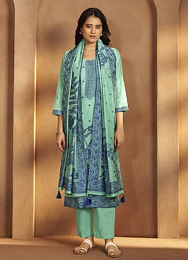 Sky Blue Silk Jacquard Straight Pant Suit