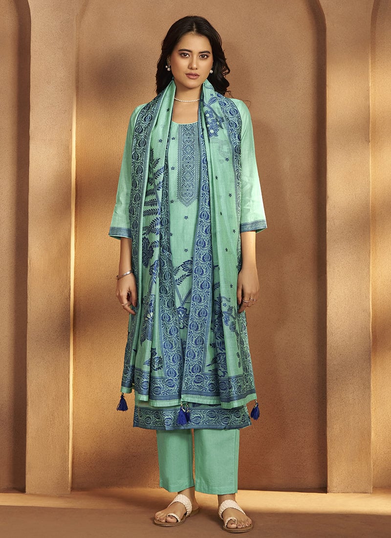 Sky Blue Silk Jacquard Straight Pant Suit After Six Wear