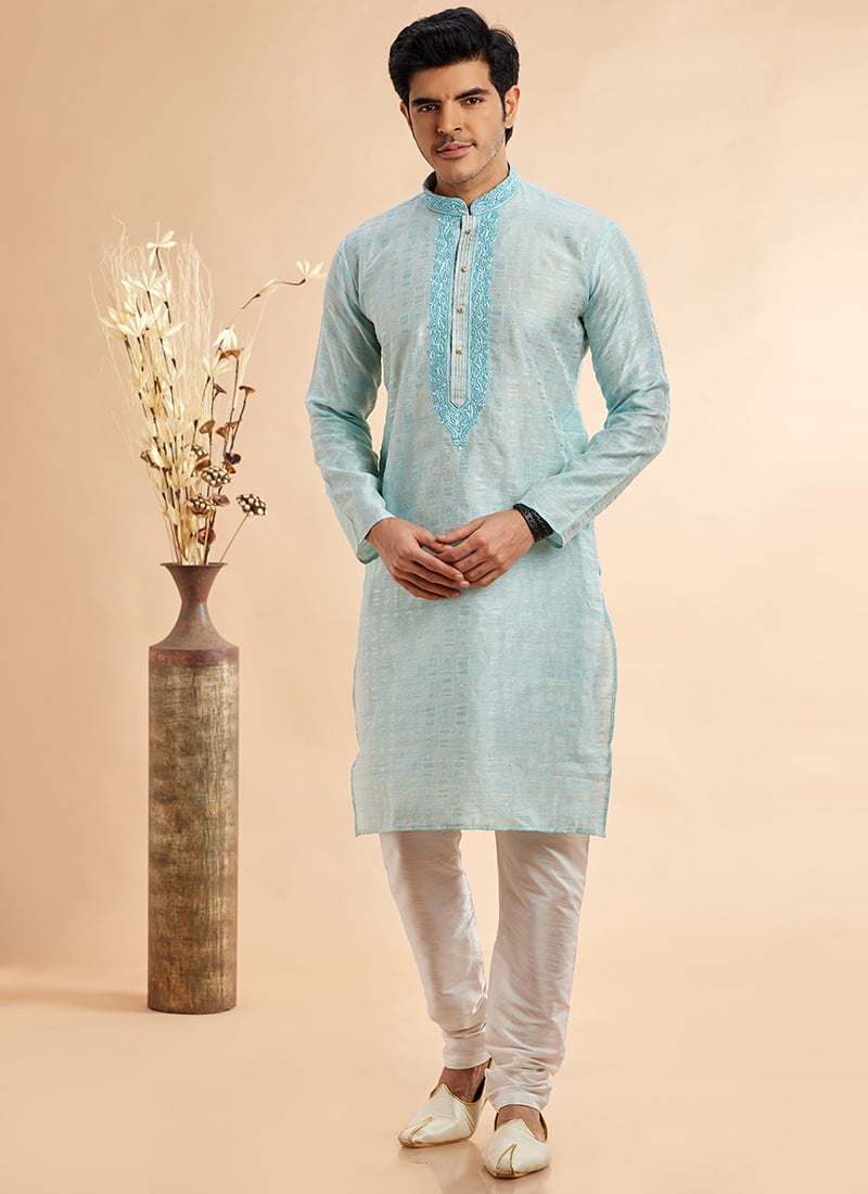 Sky Blue Silk Jacquard Thread Kurta Pyjama Festive Wear
