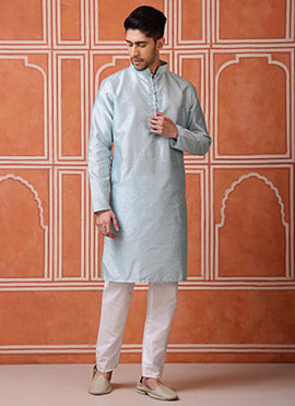 Sky Blue Silk Jacquard Woven Kurta Pyjama