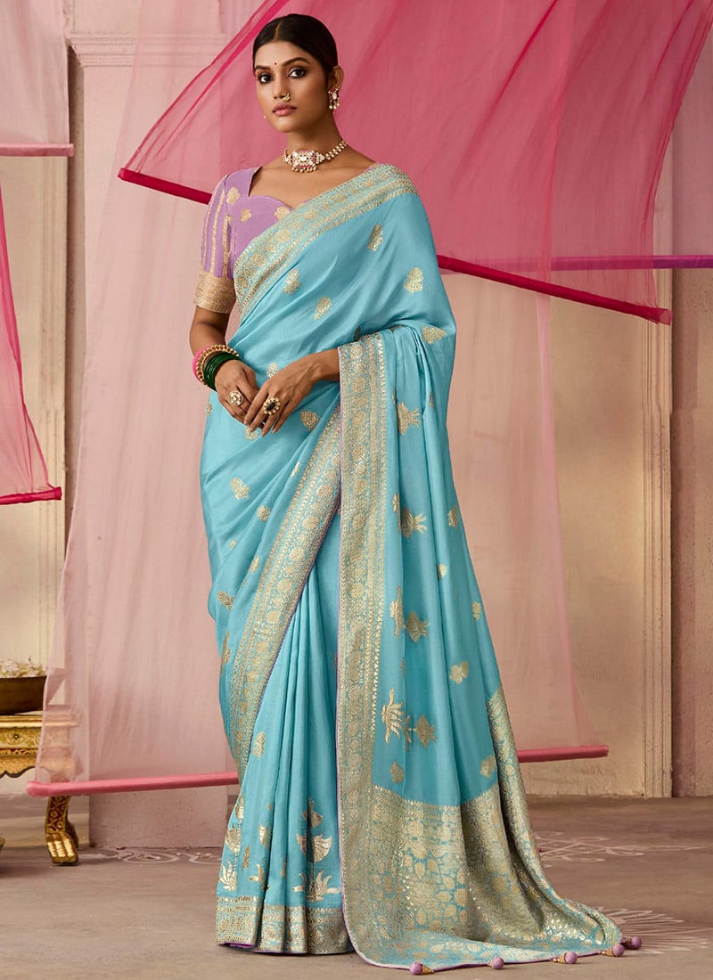 Sky Blue Silk Jacquard Woven Saree