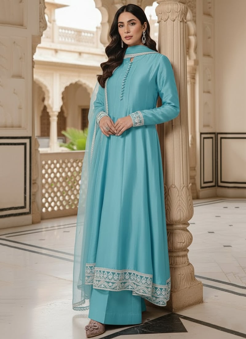 Sky Blue Silk Lace Work Anarkali Suit Festive Wear