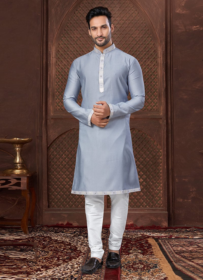 Sky Blue Silk Lace Work Kurta Pyjama Festive Wear
