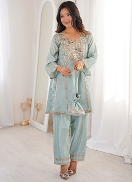 Sky Blue Silk Mirror Work Embroidered Kurta Straight Pant Set With Potli