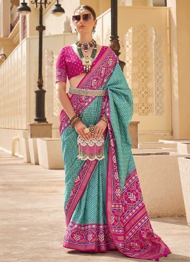 Sky Blue Silk Patola And Digital Printed Saree Festive Wear