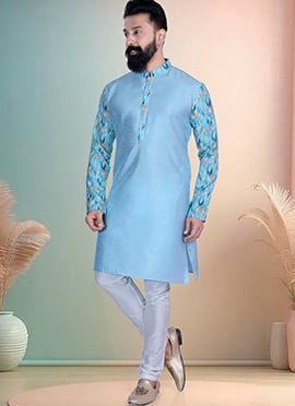 Sky Blue Silk Printed Kurta Pyjama