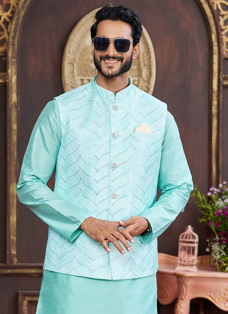 Sky Blue Silk Sequins Bandhgala Jacket