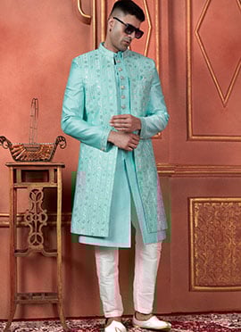 Sky Blue Silk Sequins Indowestern 3 Piece Jacket Style Sherwani