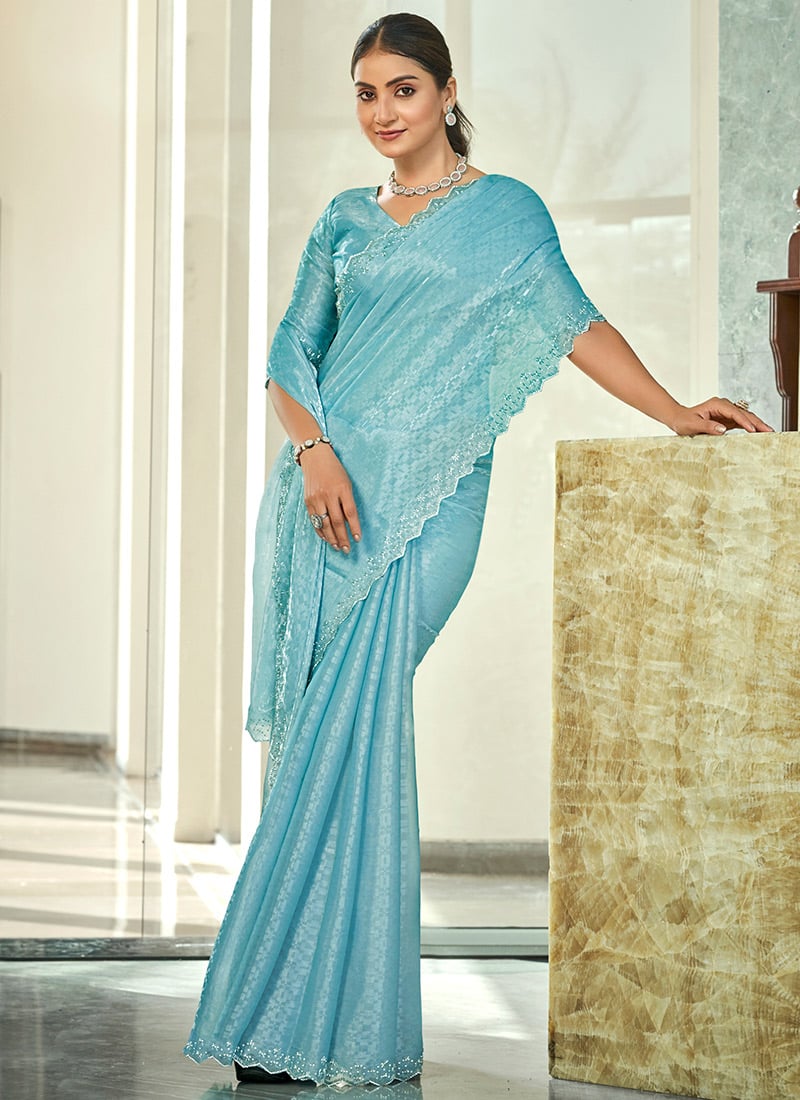 Sky Blue Silk Stone And Beads Embossed Saree Festive Wear