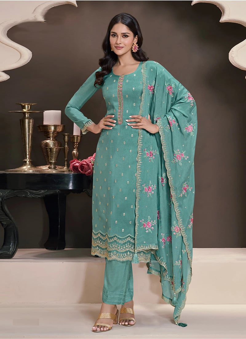 Sky Blue Silk Thread Embroidered Sequins Straight Pant Suit Festive Wear