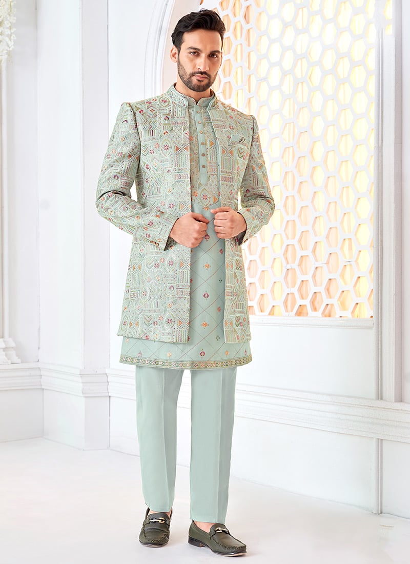 Light Blue Silk Thread Hand Work Indowestern Sherwani Wedding Wear