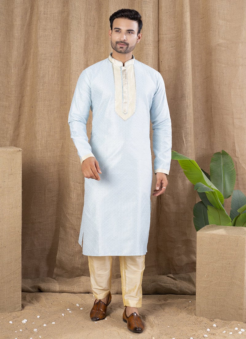 Sky Blue Silk Woven Kurta Pyjama Festive Wear