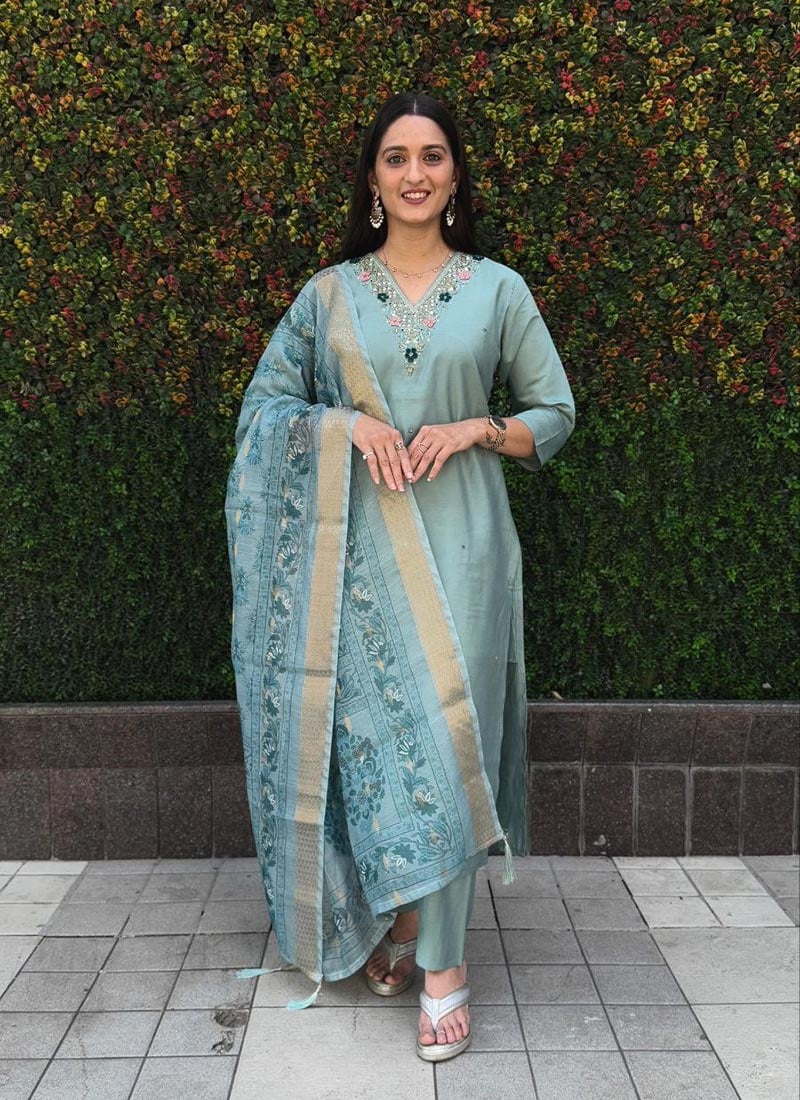 Sky Blue Silk Zardosi Embroidered Straight Pant Suit